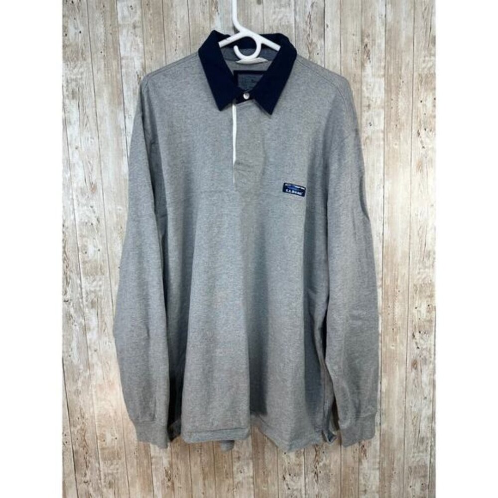 L.L. Bean‎ Rugby Polo Shirt Men sz XL Heather Gray Blue Long Sleeve 1/4 Button
